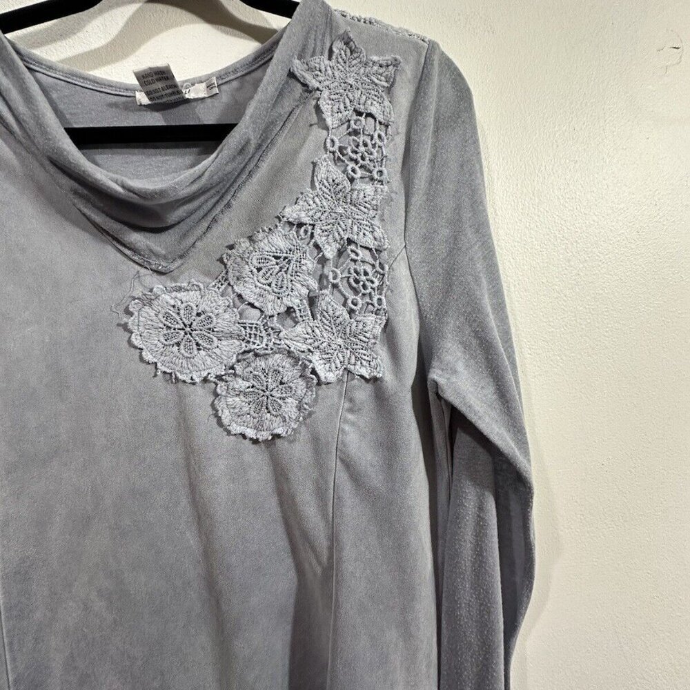 Feratelli Women's Boho Art Top Gray Long Sleeve Tunic Style Lace Crochet SZ M - Picture 7 of 16